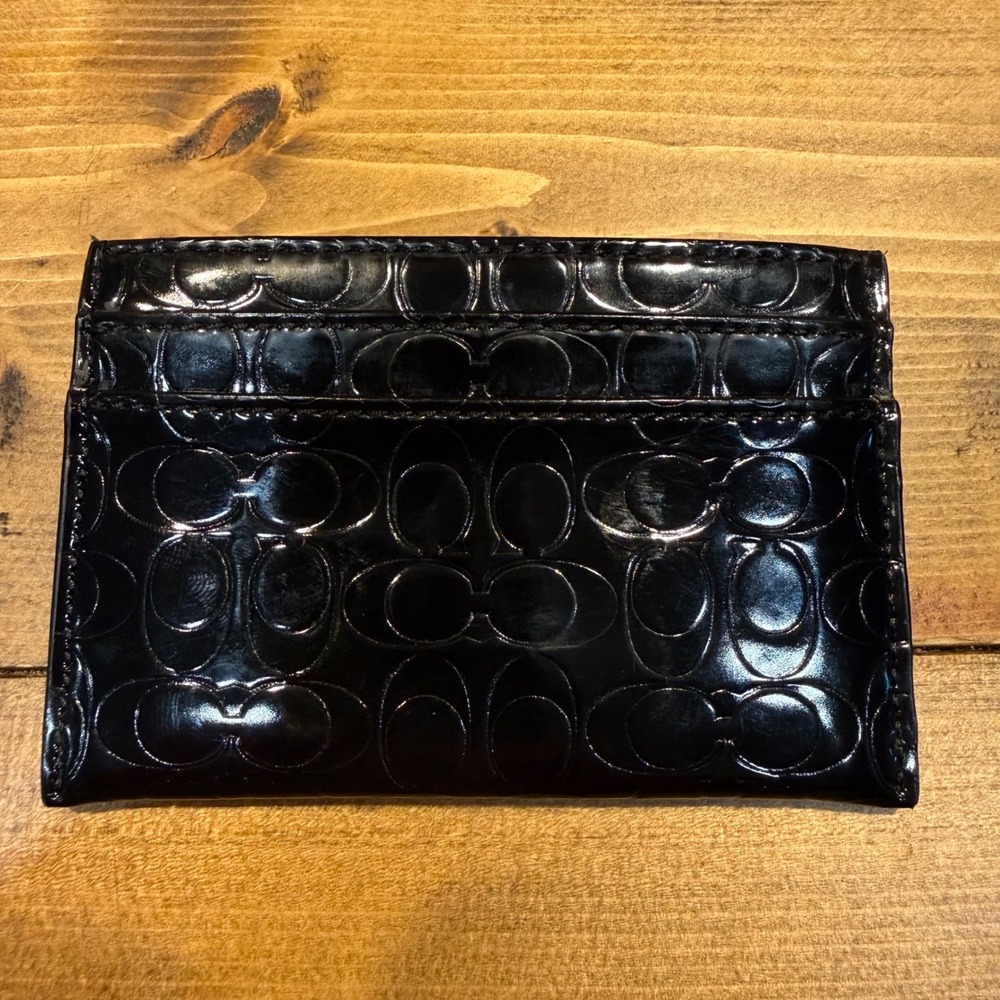 Coach Black Patent Signature C Card Holder Slim Credit Card Case Leather Wallet